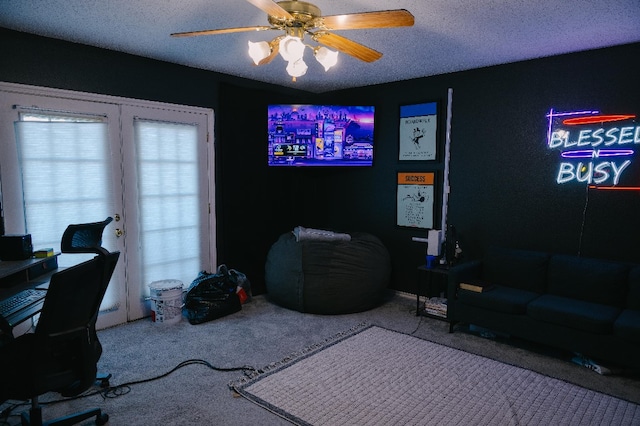 office featuring a textured ceiling and ceiling fan