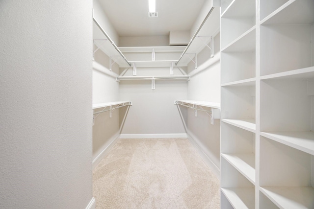 walk in closet featuring light colored carpet