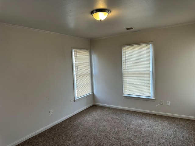 spare room with carpet, a healthy amount of sunlight, and crown molding