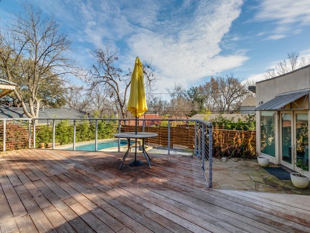 wooden deck with a fenced in pool