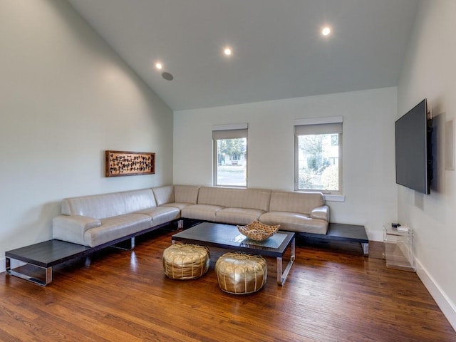 living room with high vaulted ceiling and dark hardwood / wood-style floors