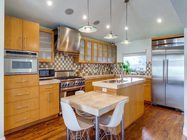 kitchen featuring wall chimney range hood, an island with sink, sink, backsplash, and high quality appliances