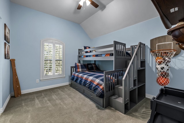 carpeted bedroom with lofted ceiling and ceiling fan