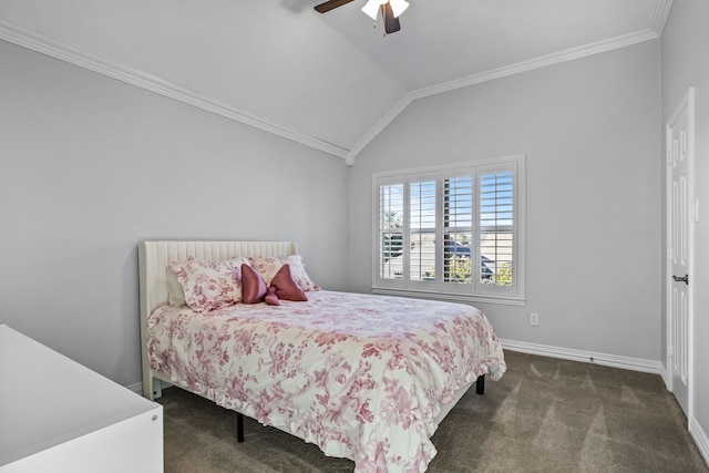 carpeted bedroom with ceiling fan, ornamental molding, and lofted ceiling