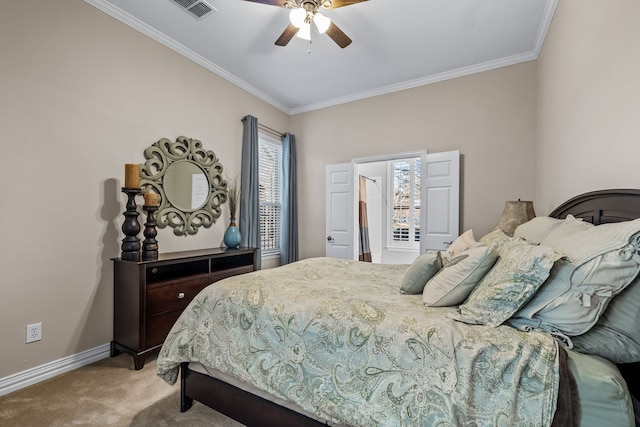 carpeted bedroom with ceiling fan, crown molding, and multiple windows