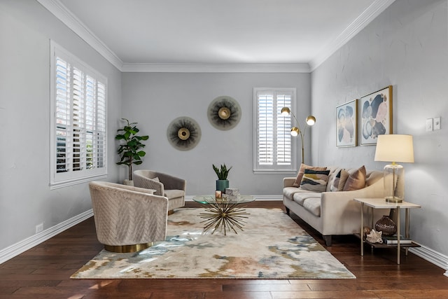 living room featuring crown molding and dark hardwood / wood-style floors