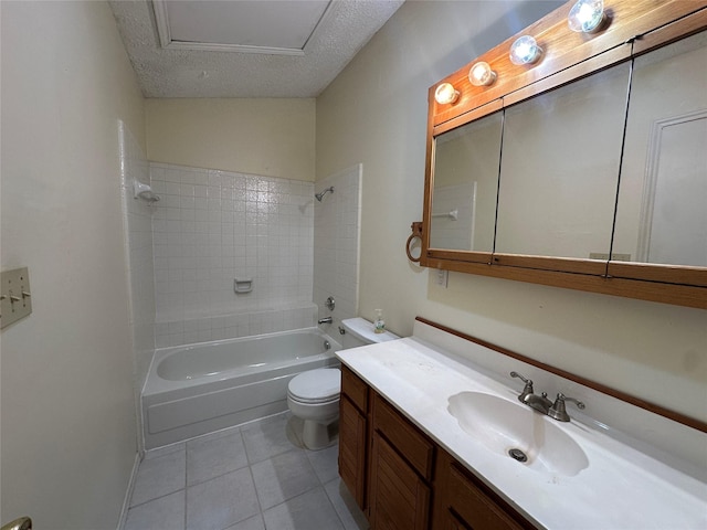 full bathroom with a textured ceiling, tile patterned flooring, vanity, toilet, and shower / bathtub combination