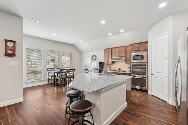 kitchen featuring light stone countertops, appliances with stainless steel finishes, decorative backsplash, sink, and a center island with sink