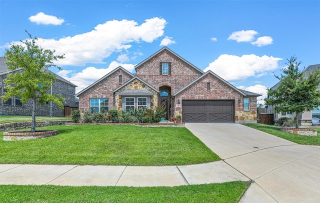 view of front of house with a garage and a front lawn