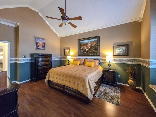 bedroom featuring lofted ceiling, dark hardwood / wood-style floors, ceiling fan, and ornamental molding