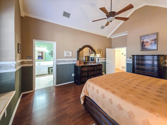 bedroom with ensuite bathroom, vaulted ceiling, ornamental molding, dark hardwood / wood-style flooring, and ceiling fan