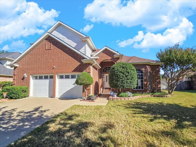 view of property featuring a garage and a front lawn