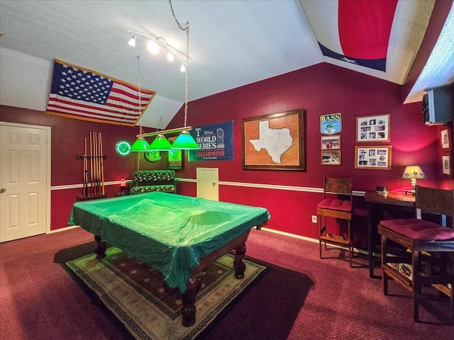 recreation room featuring carpet floors, track lighting, pool table, and lofted ceiling