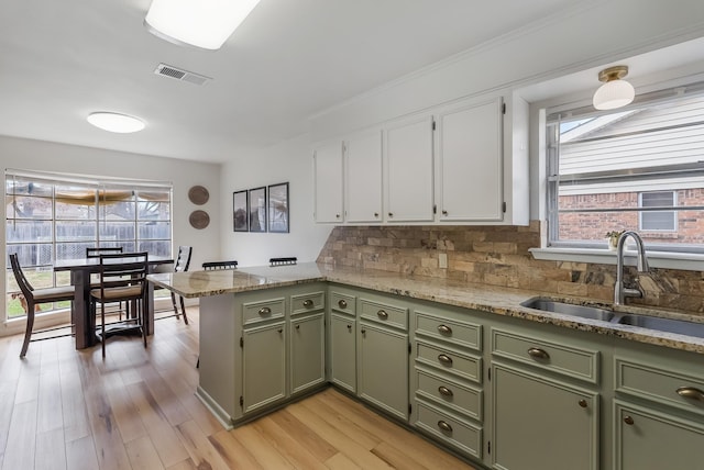 kitchen with light stone countertops, white cabinets, sink, plenty of natural light, and kitchen peninsula