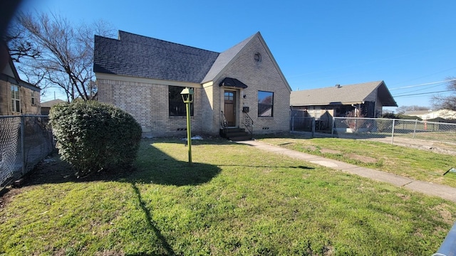 view of front of house with entry steps, brick siding, crawl space, and fence