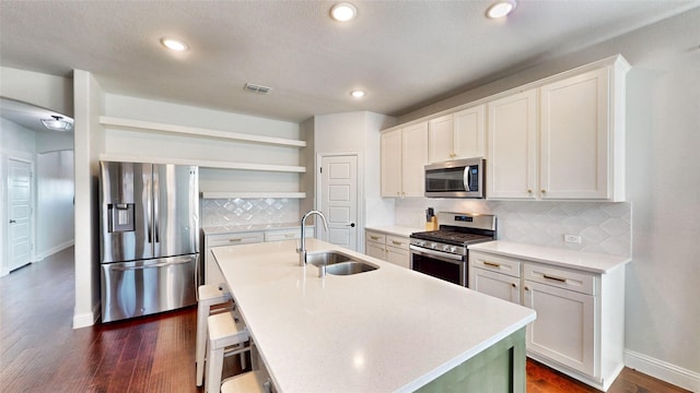 kitchen featuring sink, a center island with sink, and appliances with stainless steel finishes