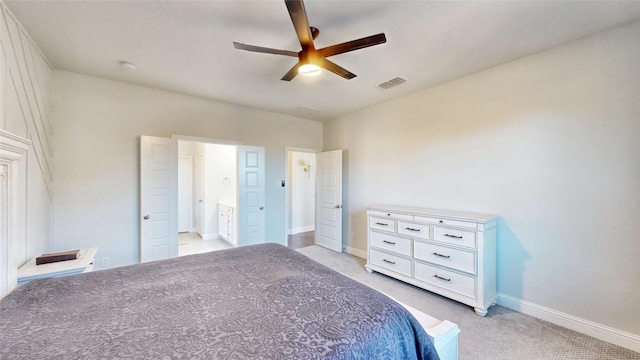 unfurnished bedroom with ceiling fan and light carpet