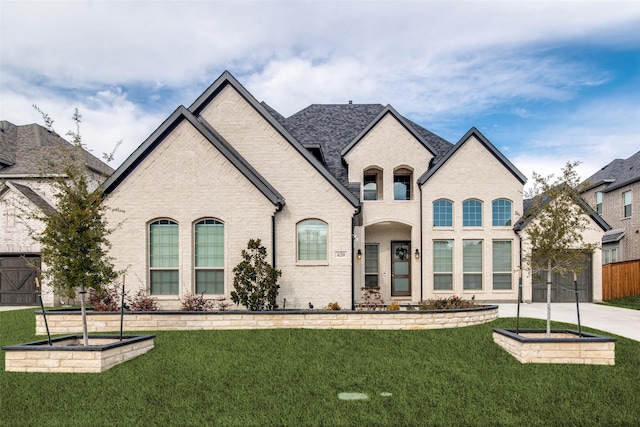 french country home featuring a front lawn