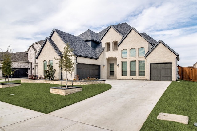 french country home with a garage and a front lawn