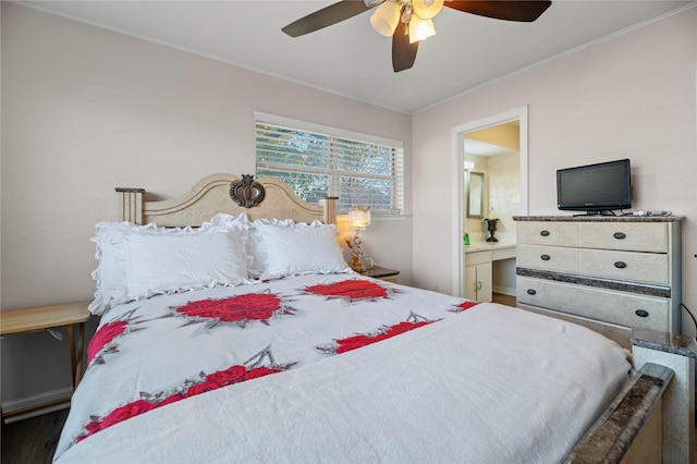 bedroom with connected bathroom and ceiling fan