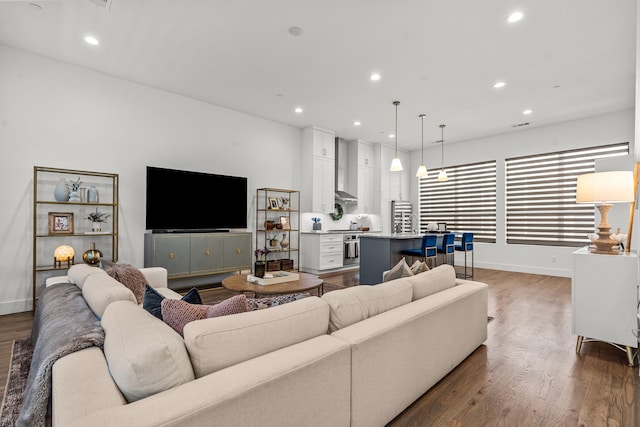 living room featuring dark wood-type flooring