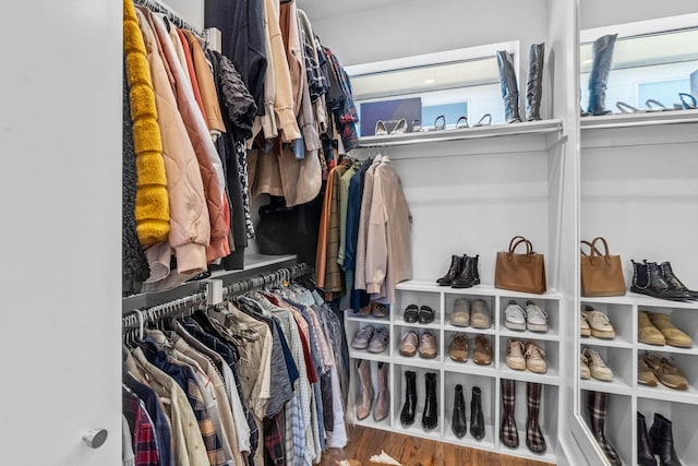 walk in closet with hardwood / wood-style flooring