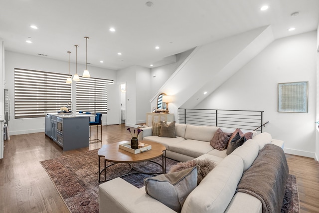 living room with sink and hardwood / wood-style floors