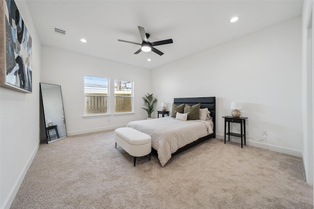 carpeted bedroom with baseboards, visible vents, and recessed lighting