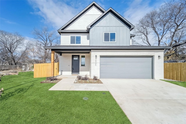 view of front of home with brick siding, concrete driveway, board and batten siding, a front yard, and fence