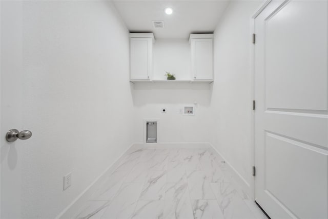 laundry room with baseboards, hookup for a gas dryer, marble finish floor, hookup for a washing machine, and hookup for an electric dryer