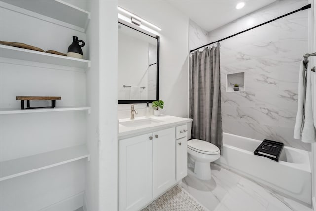 full bathroom featuring toilet, marble finish floor, shower / tub combo with curtain, and vanity