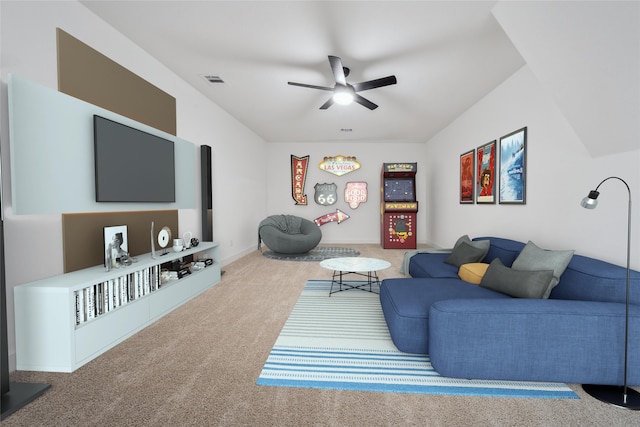 living area featuring a ceiling fan, carpet, visible vents, and baseboards