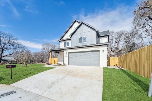 view of front of home with brick siding, concrete driveway, board and batten siding, fence, and a front lawn