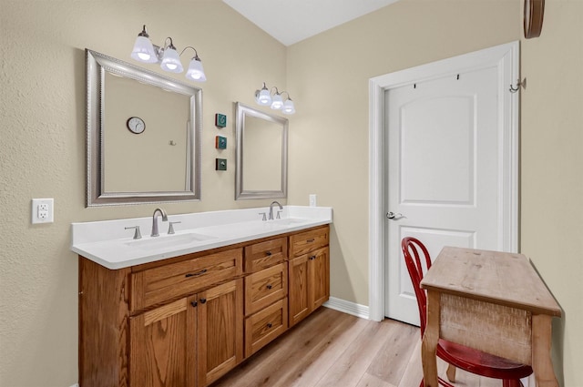 bathroom with vanity and hardwood / wood-style flooring