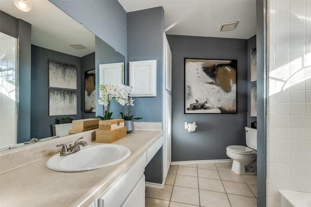 bathroom with vanity, toilet, and tile patterned flooring