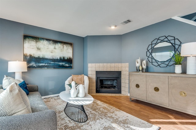 living room featuring a fireplace and wood-type flooring