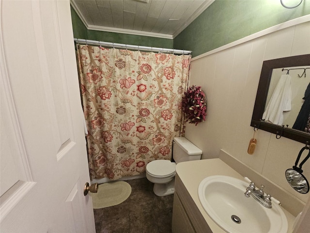 bathroom featuring crown molding, a shower with curtain, toilet, and vanity