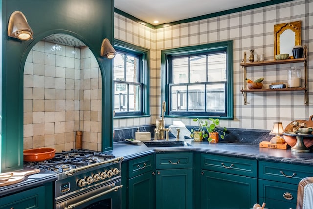 kitchen with sink, backsplash, and high end stove