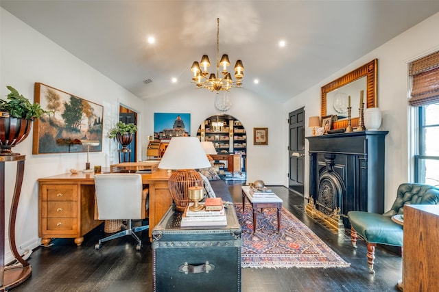 office area featuring a chandelier, dark hardwood / wood-style floors, and lofted ceiling