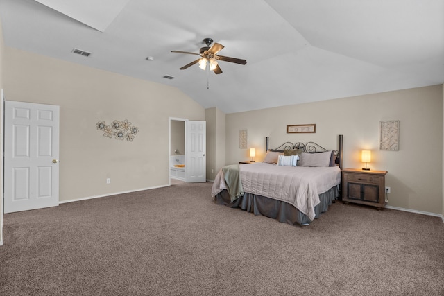 bedroom featuring ceiling fan, vaulted ceiling, and carpet