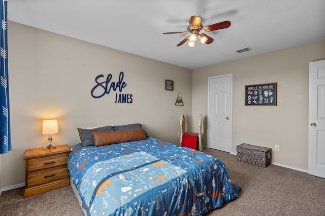 carpeted bedroom featuring ceiling fan