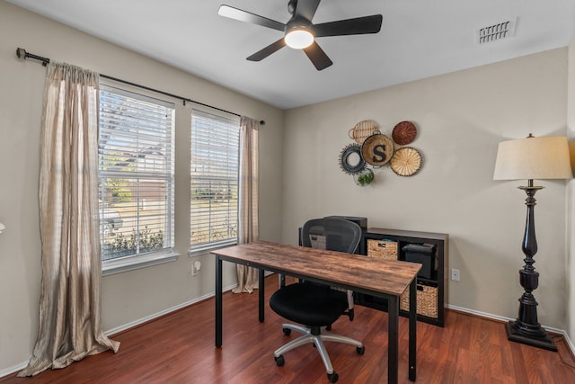 office with ceiling fan, dark wood-type flooring, and a healthy amount of sunlight