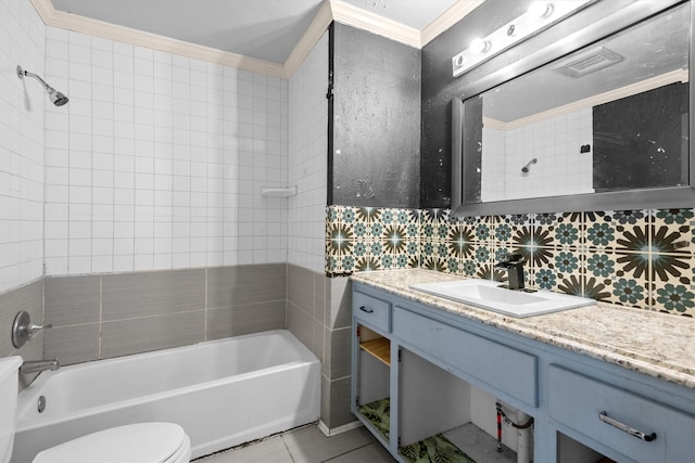 full bathroom featuring backsplash, vanity, toilet, crown molding, and tile patterned floors