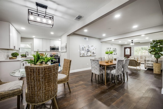 dining space with sink and dark wood-type flooring