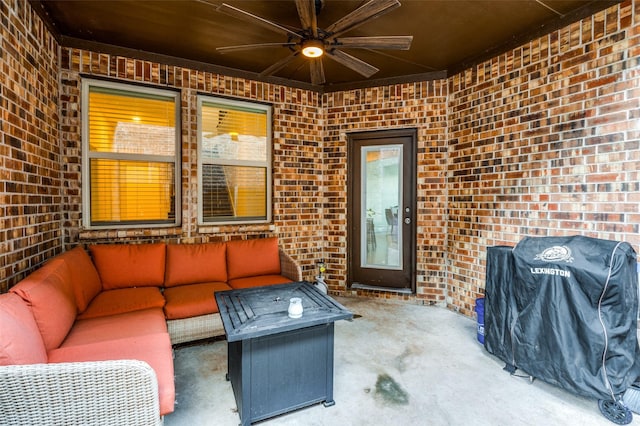 view of patio / terrace with ceiling fan, an outdoor living space, and area for grilling