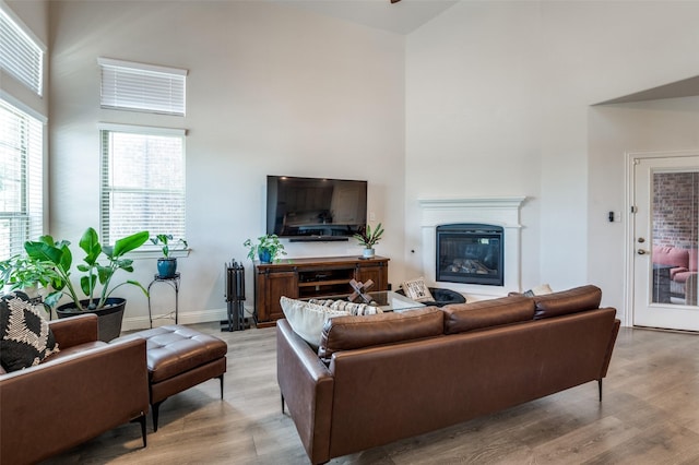 living room with light wood-type flooring and a towering ceiling