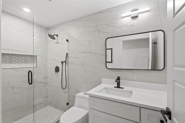 bathroom featuring an enclosed shower, vanity, decorative backsplash, tile walls, and toilet