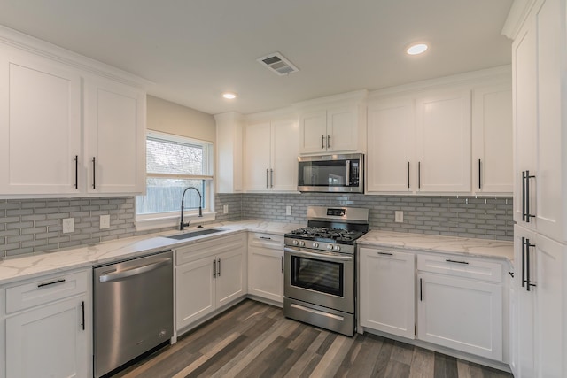 kitchen with sink, white cabinetry, decorative backsplash, and stainless steel appliances