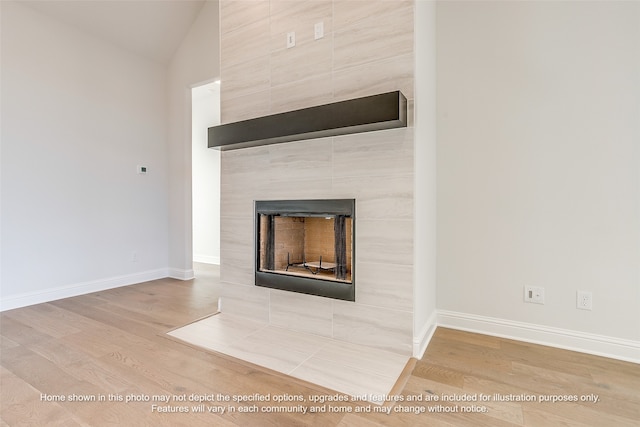 details featuring baseboards, wood finished floors, and a fireplace