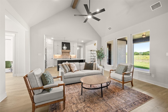440 Olson Rd, Waxahachie, TX 75167 - living room featuring high vaulted ceiling, beam ceiling, a ceiling fan, light wood finished floors, and recessed lighting
